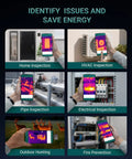 Android thermal imaging camera used for home, HVAC, pipe, electrical inspections, outdoor hunting, fire prevention, showing diverse applications.