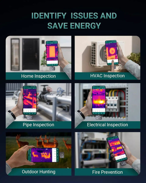 Android thermal imaging camera used for home, HVAC, pipe, electrical inspections, outdoor hunting, fire prevention, showing diverse applications.