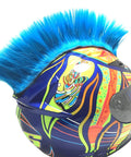 Fluorescent Neon Blue Mohawk Helmet Accessory With Sticky Hook And Loop Fastener Adhesive For Motorcycle Motocross Snowmobile ATV BMX And Bicycle Helmets Boosts Visibility Safety And That Boss Race Day Look attached to colorful helmet, side view.