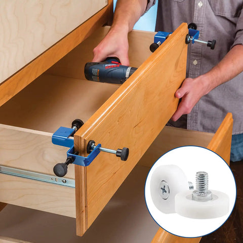 Image of a person installing Pack Of Twelve 1 Inch Drawer Slide Roller Wheels Slick Gliding Pom Nylon Construction With Stainless Steel Threads.