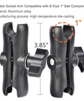 Go To 1 Inch Ball Phone Mount With Aluminum Arm And Base Dual Ball Joint 360 Degree Adjustable Screw Mount Base Fits RAM B Size System Universal Phone Holder For Car Truck Van Desk Wall Dashboard, showing aluminum dual socket arm with adjustable knob.