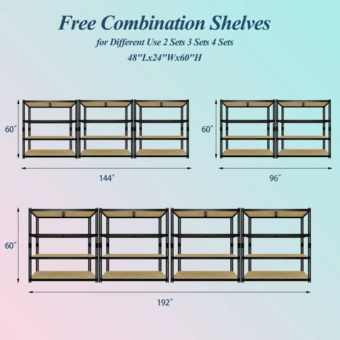 Beefy Four Tier Garage Storage Shelves With 2560 Lb Capacity 640 Lb Per Shelf 48 Inches Wide 24 Inches Deep 60 Inches High Heavy Duty Steel Frame And Thick MDF Shelves For Tools Bins And Bulk Storage, shown in 2, 3, 4 sets