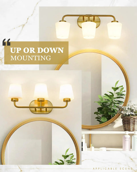 Brushed Gold Bathroom Vanity Light With Milk White Glass Shades 3 Light Farmhouse Brass Sconce Over Mirror Wall Mount Bath Fixture For Dope Modern Rustic Vibe