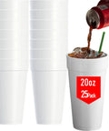 No Nonsense Heavy Duty 20 Oz Styrofoam Cups 25 Pack Disposable Foam Beverage Containers Insulated White Coffee Mugs For Hot And Cold Drinks Made In Usa, featuring stacked white cups with one filled with iced drink.