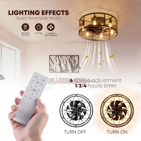 Dope 18 Inch Flush Mount Ceiling Fan With Lights Low Profile Black Industrial Cage Fixture shown with remote control