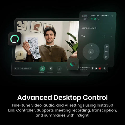 Flagship 4K PTZ Webcam For PC And Mac Boasting A Chunky One Point Three Inch Sensor showing user with link controller settings.