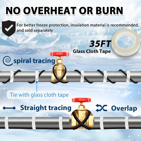 Self Regulating Pipe Heating Cable For Freeze Protection, Water Pipe Heat Tape With Thermostat, Easy Install, ETL Listed For Safe Use, 120V 3W Per Ft Keeps Water Flowing In Freezing Temps Down To -40F