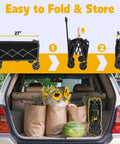 One Step Fold Wagon Cart With 360 Lb Capacity shown folded and stored in a car trunk with groceries, watermelon, and flowers.