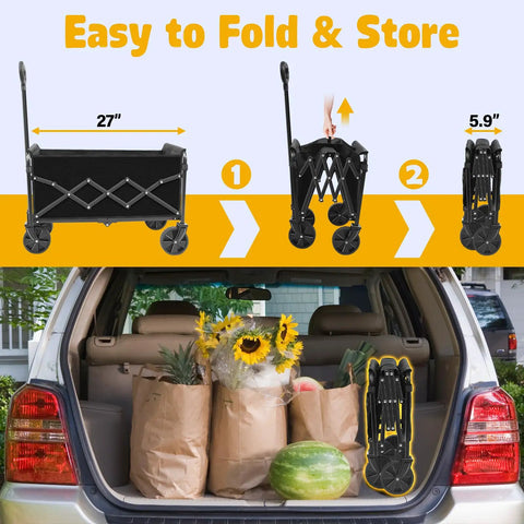 One Step Fold Wagon Cart With 360 Lb Capacity shown folded and stored in a car trunk with groceries, watermelon, and flowers.