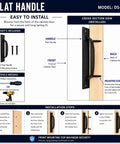 Installation guide for 9 Inch Flat Iron Barn Door Pull In Black Wrought Iron Finish with mounting instructions and tools.