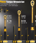 All In One Torque Wrench Set With 1/4, 3/8, And 1/2 Inch Drives displayed with measurements and accessories.