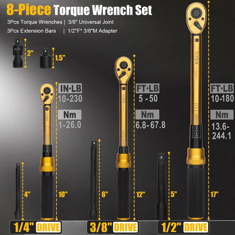 All In One Torque Wrench Set With 1/4, 3/8, And 1/2 Inch Drives displayed with measurements and accessories.