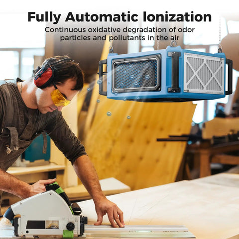 Workshop scene with Heavy Duty Hanging Dust Filtration System with 270 Degree Intake, 780 and 1080 CFM, ionizer visible above worker.