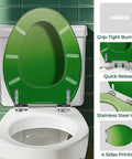 Elongated Toilet Seat Resin, green design, suitable for most toilets, features quick release and stainless steel hinge.