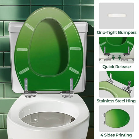 Elongated Toilet Seat Resin, green design, suitable for most toilets, features quick release and stainless steel hinge.