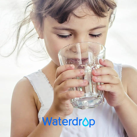 Child drinking filtered water with PF01A Water Filter Replacement For Your Water Pitcher And Dispenser Filtration System NSF Certified Cuts Lead And PFAS PFOA PFOS Keeps Your Water Game Strong Up To 200 Gallons 3 Pack logo