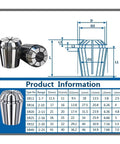 Premium Double Edged Rough Boring Head With Precision ER AAA Collet Set, detailed size chart and dimensions for ER11 ER20 ER32.