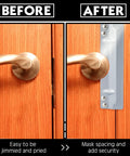 Before and after comparison of Heavy Duty Iron Latch Guard Plate Covers Tough As Nails Extra Long 11 Inch Steel Strike Plate installed.