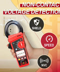 6000 Count Digital Clamp Meter With True RMS for AC and DC voltage detection, held near outlet demonstrating non-contact shield feature.