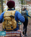 Person wearing 22L Hiking Hydration Backpack With Leakproof Water Bladder, Phone Pocket, Weatherproof Zippers on forest trail
