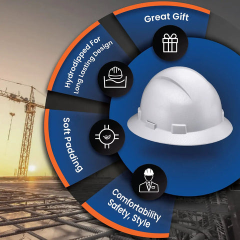 Illustration of a full brim hard hat for construction crew showcasing features with crane background. Grey carbon finish.
