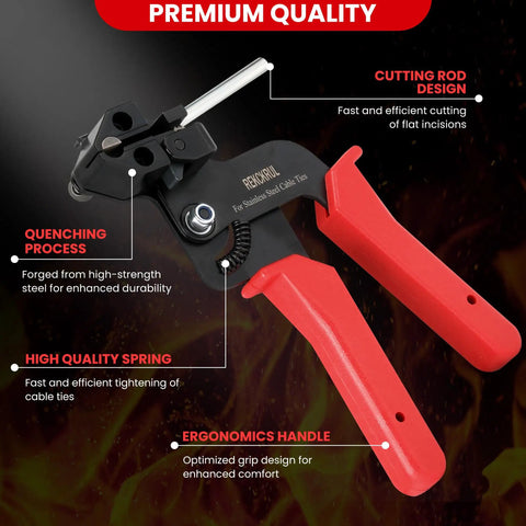 Close-up of the Workhorse Heavy Duty Stainless Steel Cable Tie Gun Set with ergonomic red handle and cutting rod design.