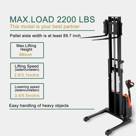 Top Shelf 98 Inch Max Lifting Height Full Electric Walkie Stacker With Straddle Legs, 2200 lbs load capacity