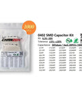 1000 Pack 0402 SMD Capacitor Kit With 50 Values From 1pF To 10uF 50V Ceramic Capacitors shown in packaging with list of values