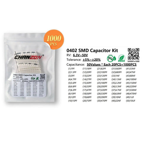 1000 Pack 0402 SMD Capacitor Kit With 50 Values From 1pF To 10uF 50V Ceramic Capacitors shown in packaging with list of values