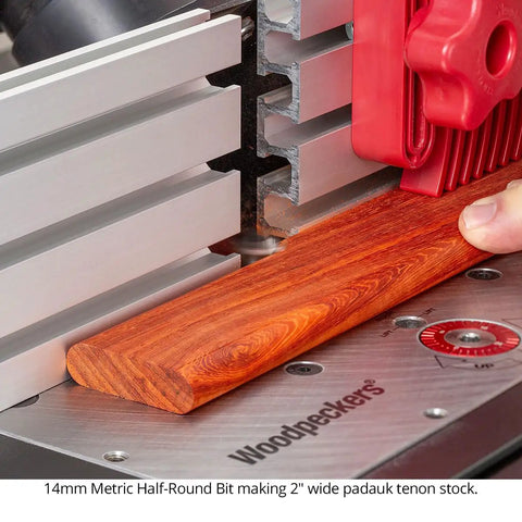 Top Shelf Half Round Router Bit Set Including 8 10 12 14 Mm Metric Heads And 1/2 Inch Shank With Two Flute Solid Carbide Construction For Killer Custom Loose Tenons Compatible With Festool Df700 Made In Usa, 14mm bit cutting padauk wood