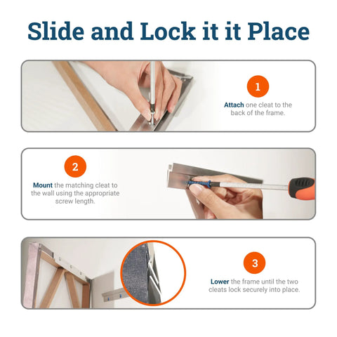 Built To Last Heavy Duty Concrete And Brick Cleat Mount Kit installation steps for secure frame hanging with Z clip hardware.