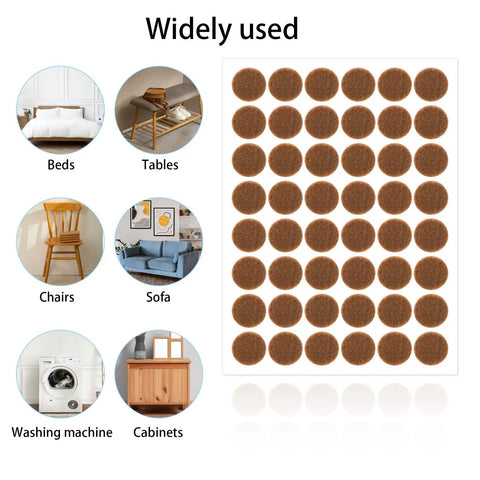 48 Pack Heavy Duty Brown Self Adhesive Felt Cabinet Door Pads Half Inch Diameter Round Furniture Glides on various furniture.