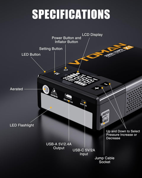 All In One Jump Starter With Air Compressor Tire Inflator Portable Power Pack And Lithium Jump Box For Cars Up To 8.5L Gas Or 6L Diesel 150 PSI 12V Booster Emergency Charger Be Ready On The Road