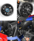 Collage of Sturdy Steel 48T M1 Spur Gear Set fitted into 1/10 RC cars, showcasing gear integration and fitment details.