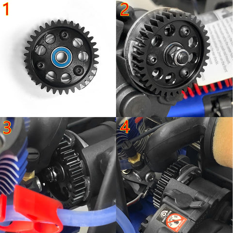 Collage of Sturdy Steel 48T M1 Spur Gear Set fitted into 1/10 RC cars, showcasing gear integration and fitment details.