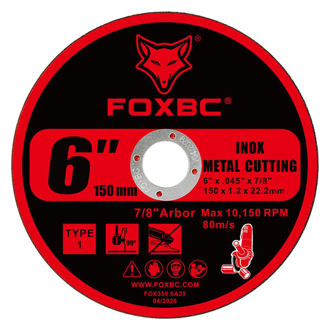 Heavy Duty 6 Inch Cut Off Wheels For Metal And Stainless Steel 25 Pack 7 8 Arbor Type 1 angle grinder blade with clear labeling.