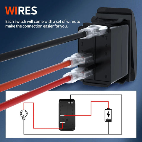 Back view of a 12V Blue LED Rocker Switch Waterproof Marine Grade SPST Three Pin On Off 20A showing wiring connections.