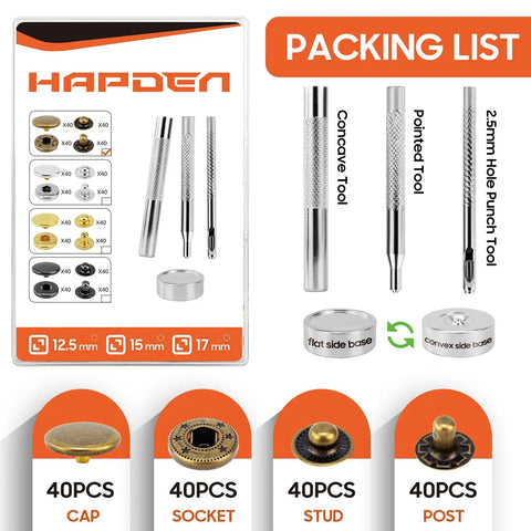 Pro Gear Metal Snap Buttons 40 Sets 17Mm Fasteners With No Sweat Assembly Tools for leather and fabric projects.