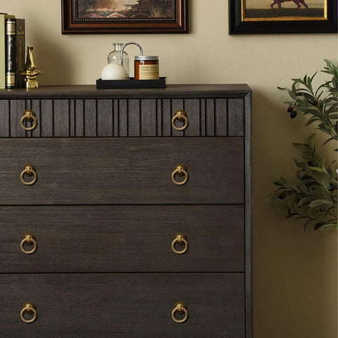 Wooden dresser with 4 Pack Solid Antique Brass Cabinet Ring Pulls Set For Drawers And Cabinets, 2 inch length, vintage style hardware installed