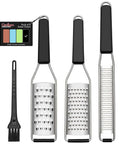 Three Piece Grater And Zester Set With Fine Coarse And Extra Coarse Holes, Stainless Steel, Dishwasher Safe, Includes Protective Shells and Cleaning Brush