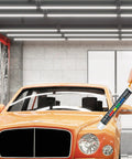 Hand using Paint Thickness Tester Meter Gauge For Cars in front of orange car in garage, Magnetic Coating Tester No Batteries Needed