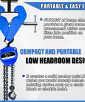 Front view of blue FITHOIST I-beam clamp with chain hoist, 6600 lb capacity, adjustable opening 3.1–12.6 in