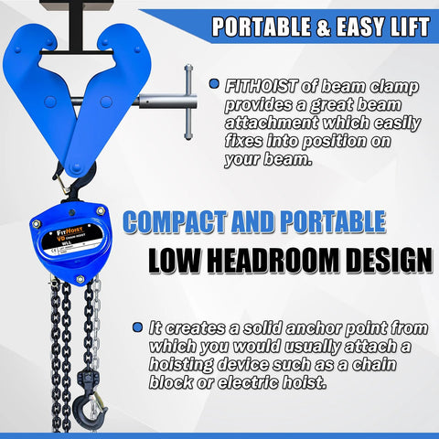 Front view of blue FITHOIST I-beam clamp with chain hoist, 6600 lb capacity, adjustable opening 3.1–12.6 in
