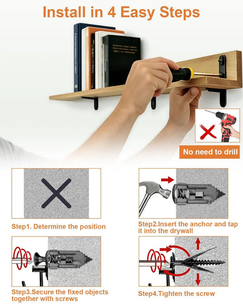 Heavy Duty Self Drilling Drywall Anchors With Screws For Hanging Shelves Mirrors Picture Frames Artwork Clocks showing installation steps.