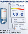 Front view of blue handheld APOWER Geiger counter dosimeter with LCD displaying dose rate μSv/h