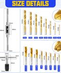 Size details of Adjustable Metric Tap And Die Set 21 Pc With 2 Tap Wrenches HSS Drill And Tap Kit, showing drill bit dimensions.