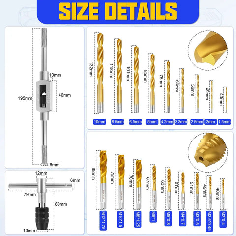 Size details of Adjustable Metric Tap And Die Set 21 Pc With 2 Tap Wrenches HSS Drill And Tap Kit, showing drill bit dimensions.