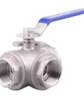3-Way Ball Valve With T Mounting Pad Stainless Steel 304 Female NPT Ports For Water Oil And Gas With Vinyl Locking Handle