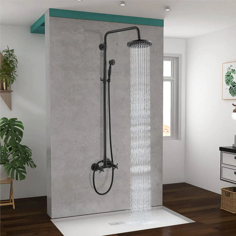 Exposed Pipe Shower System With 8 Inch Rainfall Head, Brass Fixture, Matte Black Finish, Dual Handles, Modern Bathroom