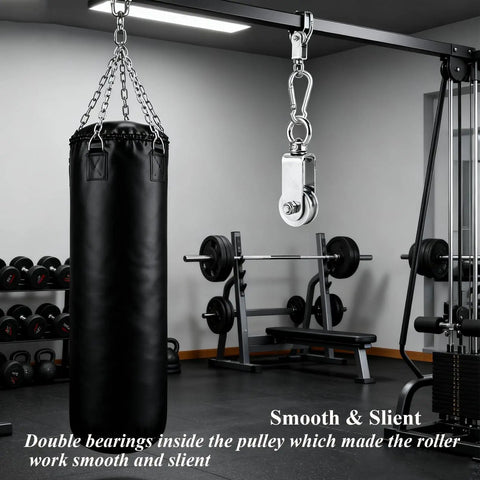 Stainless Steel Snatch Rigging Pulley Wheel Heavy Duty Rope Pulley Blocks With Carabiner For Rigging And Lifting Gym Equipment displayed
